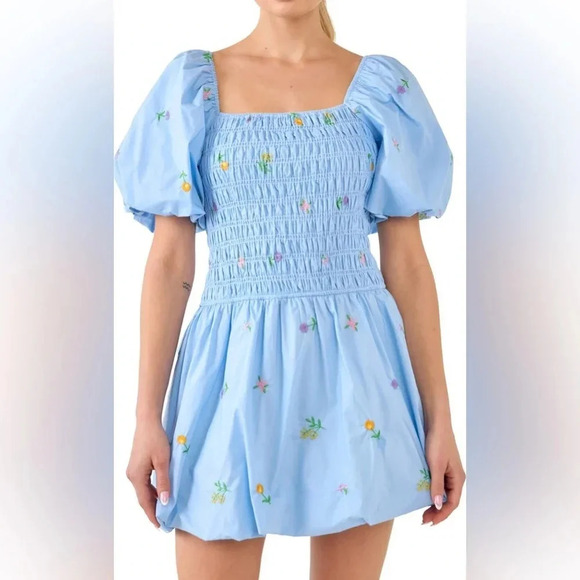 English Factory Floral Embroidery Cotton Puff Sleeve Mini Dress - Picture 1 of 9